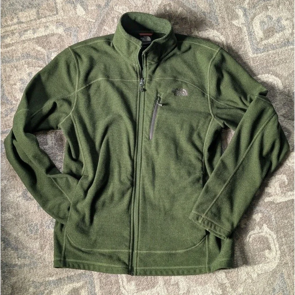 The North Face Jacket Mens Med Olive Green Fleece Full Zip Pocket Outdoor Hiking